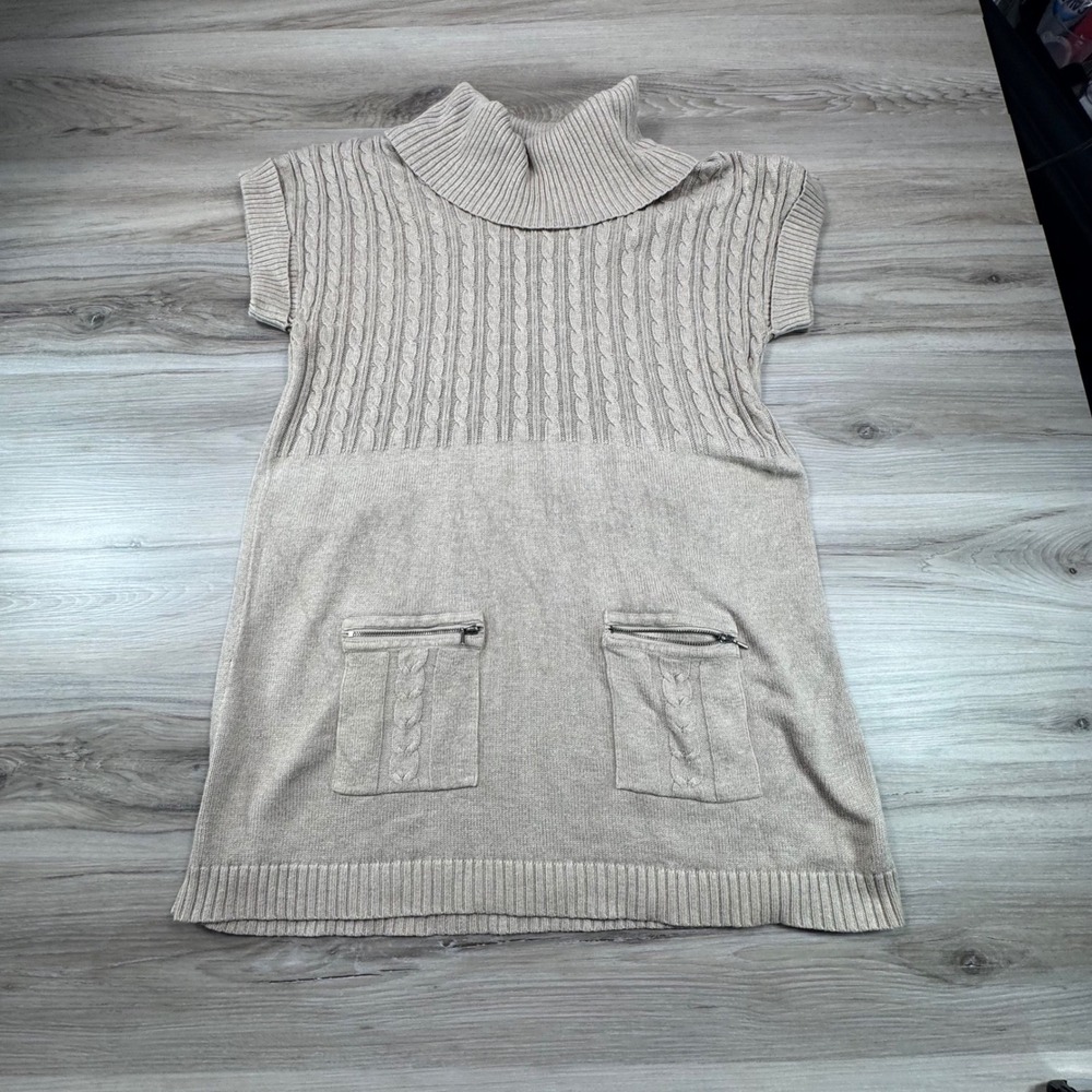 Preppy Alfani Cable Knit Turtleneck Sleeveless Sweater Beige Size L Pocket